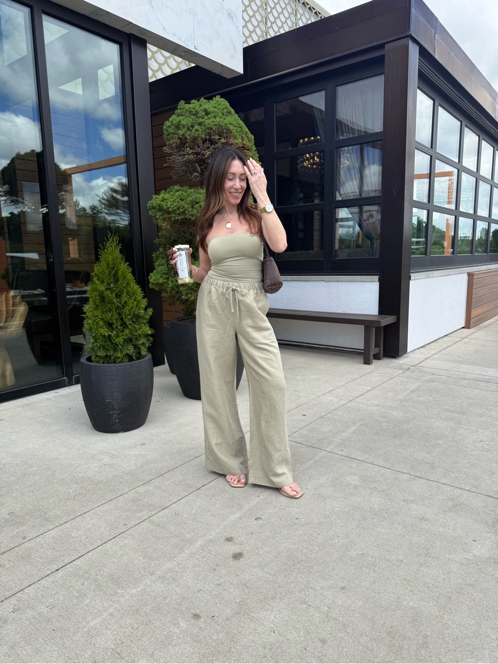 Aritzia Strapless Wide-Leg Jumpsuit in Sage